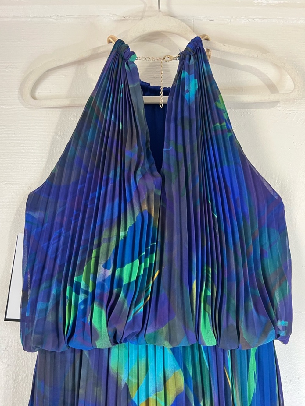 XSCAPE Pleated Blouson Halter Indigo Blue Dress w. Gold Snake Chain - Size 14P - Picture 6 of 14
